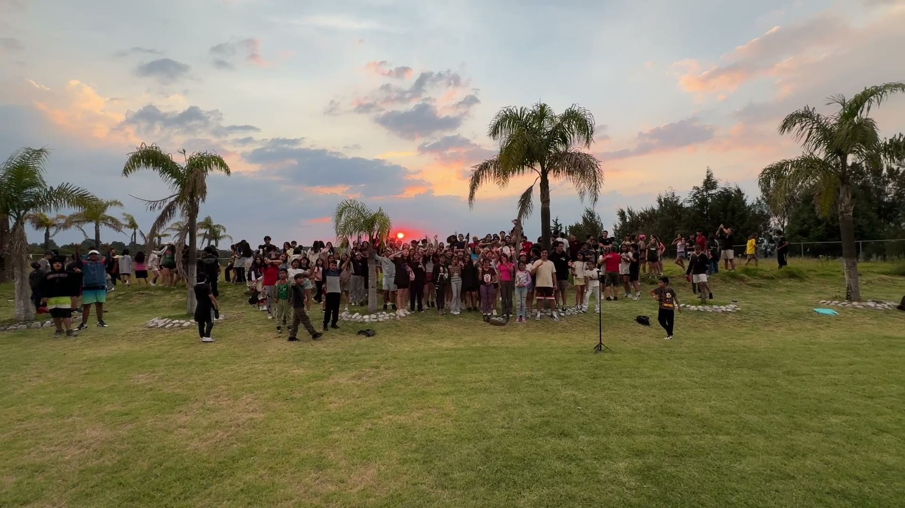The whole camp gathered on the lawn at sunset, palms against a pink sky